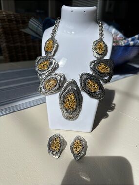 Yellow Stone Layered Statement Necklace and Earrings - Women Jewelry